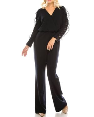 Aidan Mattox Cross Mesh Sleeve Evening Jumpsuit - Black