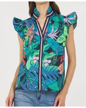 Stellah Tropical Print Sleeveless Ruffle Printed Top - Blue