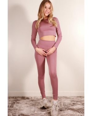 TRUEDAMES Fashnzfab Long Sleeve Crop Top & High Waist Leggings Activewear Set - Pink