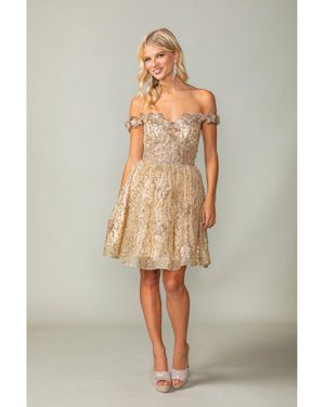 DQ Sequined Off-The-Shoulder Dress With Lace-Up Back And Floral Appliques Homecoming Dress - Metallic