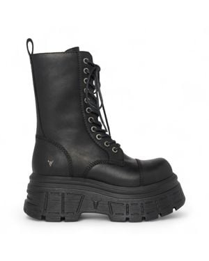 Windsor Smith Mid-Calf Biker Leather Platform Combat Boots - Black