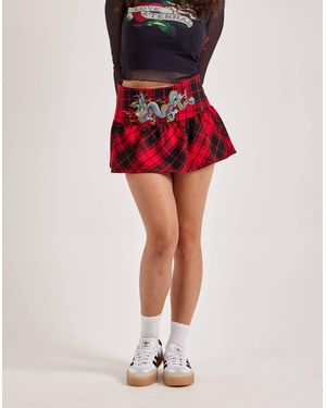 Ed Hardy Dragon Plaid Flare Miniskirt - Red