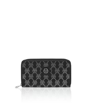 Philipp Plein Rounded Zip Wallet Monogram Strass - Black