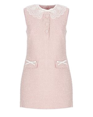 Self-Portrait Textured Boucle Mini Dress With Lace Collar And Bow Accents - Pink