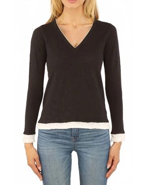 Metric Knits Cotton And Linen Layered Look Long Sleeve V Neck Top - Black