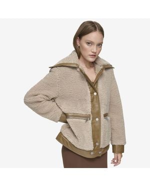 Andrew Marc Zepita Mixed Media Faux Leather Shirt Jacket - Natural