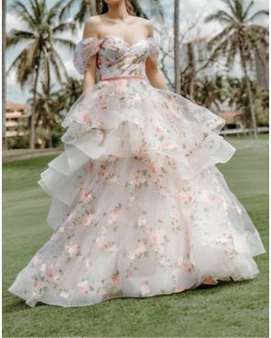 Watters Rosabel Layered Skirt Floral Print Wedding Gown - Gray