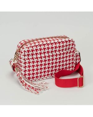 Fashnzfab Faux Leather Houndstooth Pattern Crossbody Bag - Red