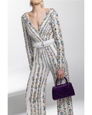 Saiid Kobeisy Canton Crepe Beaded Jumpsuit With A Wrapped Top - White