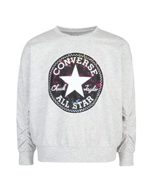 Converse Girls Chuck Sweatshirt Heather Patch Logo Ruched Sleeve Red636 - Gray