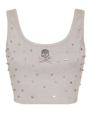 Philipp Plein Jersey Rib Cropped Top Stones - Gray