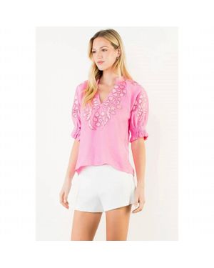 Thml Puff Sleeve Floral Embroidery V-Neck Top - Pink