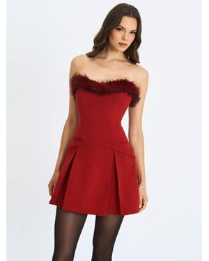 Miss Circle Nalia Crimson Fur Trimmed Sweetheart Mini Dress - Red
