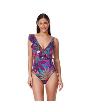 Gottex Plantopia V-Neck Surplice Ruffle One Piece - Blue