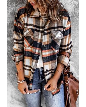 TRUEDAMES Geometric Plaid Print Pocketed Shacket - Brown