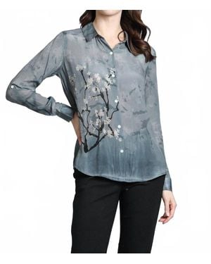Apny Blossom Print Button Up With Roll Sleeve Shirt - Blue