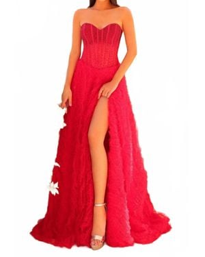 Clarisse Studded Beads A-Line Prom Maxi Dress - Red