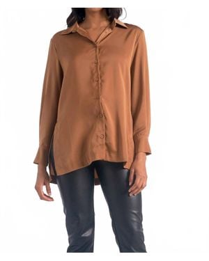 Elan Button Down High Slit Blouse - Brown