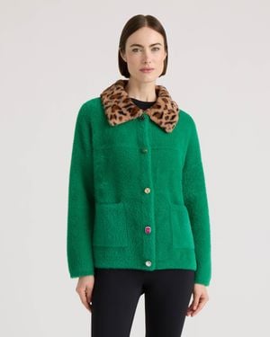 NVLT Eyelash Cropped Coatigan With Faux Fur Collar - Green