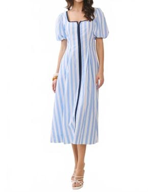 TCEC Striped Square Neck Midi Dress With Contrast Piping - Blue
