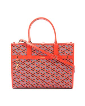 Versace Pvc Coated Canvas Leather Tote Bag - Red
