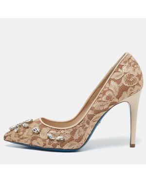 Loriblu Lace Crystals Embellished Pointed Toe Pumps - Natural