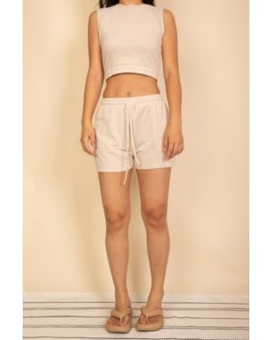 TRUEDAMES Cotton French Terry Crop Top & Shorts Set - Natural
