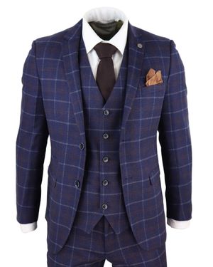 Paul Andrew Kenneth 3 Piece Suit Tweed Check - Blue