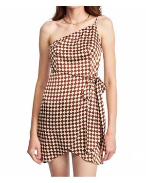 emory park One Shoulder Wrapped Checkerboard Dress - White