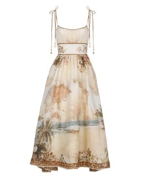 Zimmermann Island Map Print Midi Dress With Structured Bodice And Shell Charms - Natural