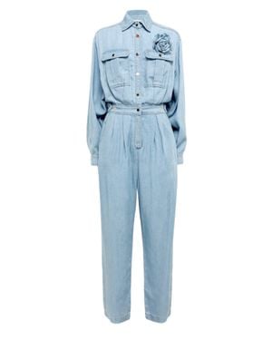 Blugirl Blumarine Light Denim Lyocell Jumpsuit With Shirt Collar And Delicate Brooch - Blue