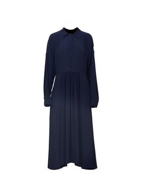 N°21 Gathered Waist Midi Dress With Classic Collar - Blue