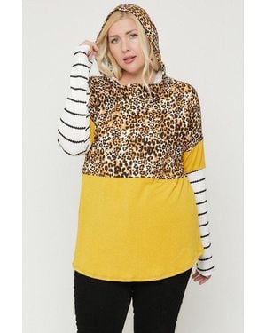 TRUEDAMES Plus Size Color Block Hoodie Featuring A Cheetah Print - Yellow