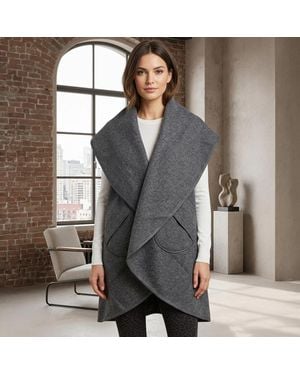 TRUEDAMES Elegant Belted Open Front Wool Wrap Vest - Gray