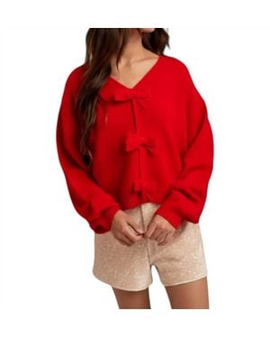 Wishlist Holly Bow Brushed Knit V-Neck Sweater - Red