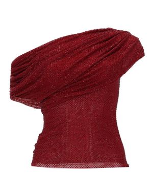 Self-Portrait Off-The-Shoulder Draped Crystal-Embellished Mesh Top - Red