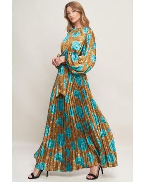 TRUEDAMES Golden Bloom Luxe Woven Satin Maxi Dress - Blue