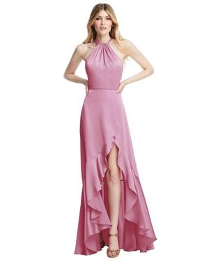 Social Tie-Neck Halter Maxi Dress With Asymmetric Cascade Ruffle Skirt - Pink