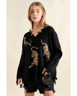 Blue B Frayed V-Neck Tiger Sequin Sweater - Black