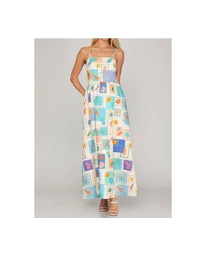 BNS Coastal Tile Print Cami Maxi Dress With Pockets - Blue