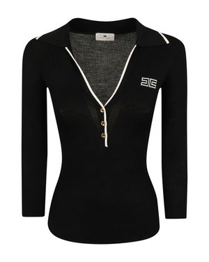 Elisabetta Franchi Ribbed Knit Intarsia Slim-Fit Polo Shirt - Black