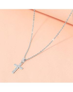 Fashnzfab Secret Box_Stainless Steel Stone Paved Cross Pendant Necklace - Natural
