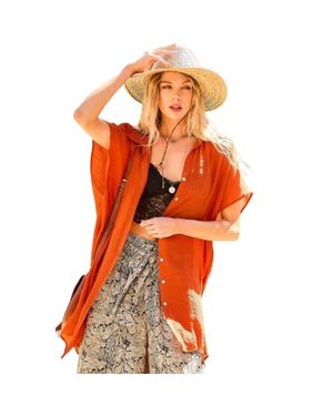 TRUEDAMES Collar Neck Button Down Robe Oversize Jacket - Orange