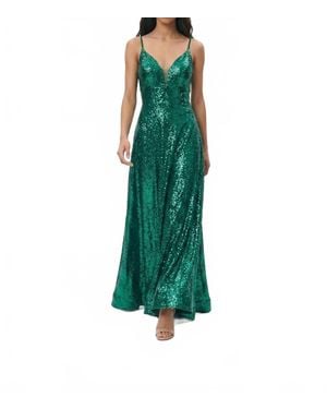 Amarra Sequined Deep V Neck Dress - Green