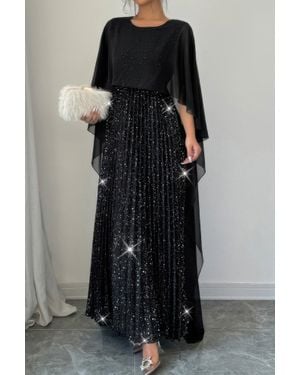 TRUEDAMES Solid Elegant Sequin Satin Knit Party Long Dress - Black