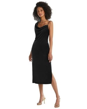 Social Asymmetrical One-Shoulder Velvet Midi Slip Dress - Black