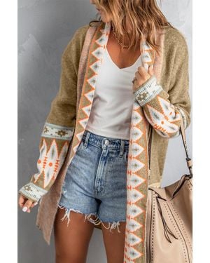 TRUEDAMES Khaki Aztec Print Open Front Knitted Cardigan - White