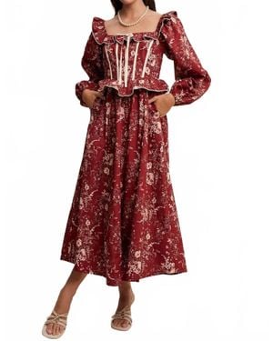 Listicle Floral Corset Ruffle Midi Dress - Red