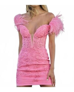 Sherri Hill Feathered Off-Shoulder Cocktail Dress - Pink