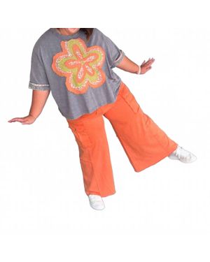 Easel Wide Leg French Terry Cargo Pants - Red